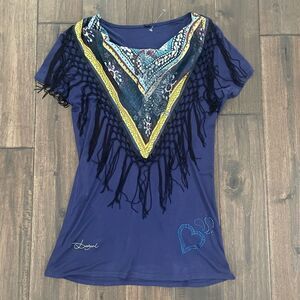 DESIGUAL Cowl Bandana Neck Stretch Fringe Jersey Top